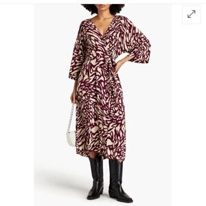 Ba&sh EUC Goa Crepe De Chine Midi  Kimono Wrap Flowy Dress Bordeaux Cream Sz6-M
